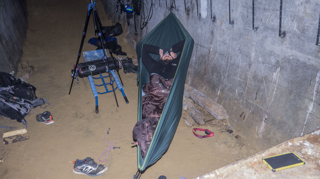 Diving in flooded World War 2 bunkers camping